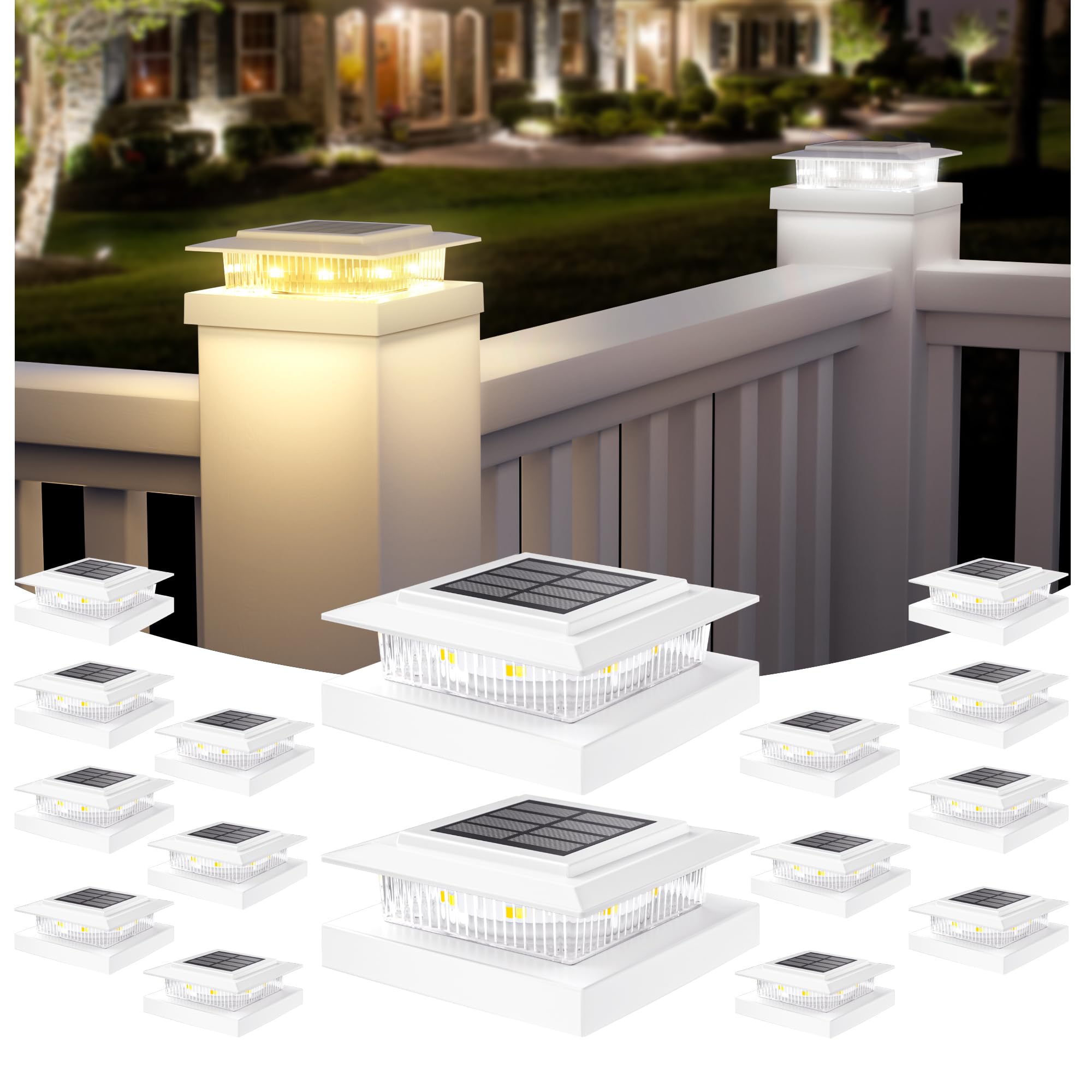 Photo 1 of APONUO Solar Post Cap Lights for 4x4 5x5 Fence Deck Posts,IP64 Waterproof LED Outdoor Fence,Deck,Garden,Patio,Yard Lights with 2 Modes,Auto On/Off,Weather-Resistant, Easy Install,White,16 Pack