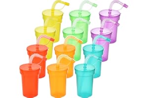 Haundry 12 Pack Kids Party Cups with Lid and Straws, Colorful Plastic Sipper Party Favors Cups for School Events and Birthday Celebrations Supplies