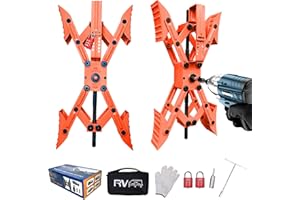 RVPNR Camper X-Shaped Wheel Chock Stabilizer, RV Stabilizer Wheel Chock Scissor, X Chocks Wheel Stabilizer for Travel Trailer Tires Allow Drill Adjust with Hex Socket, Tool Kit and Password Locks-Red