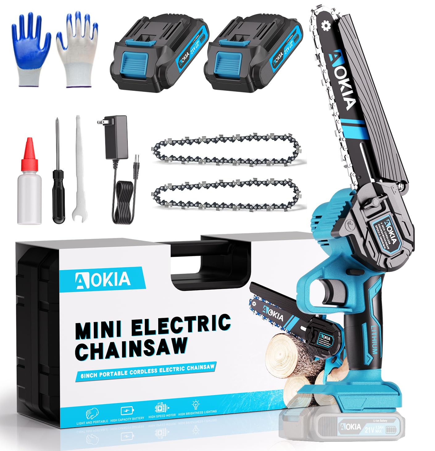 AOKIA Electric Mini Chainsaw Cordless, Small Hand held 20V Power 2 Battery With Charger 6 Inch Saw Powered Operated Household and Garden Cut Tree Trimming Wood Gifts for Father Husband Men&Mother Image