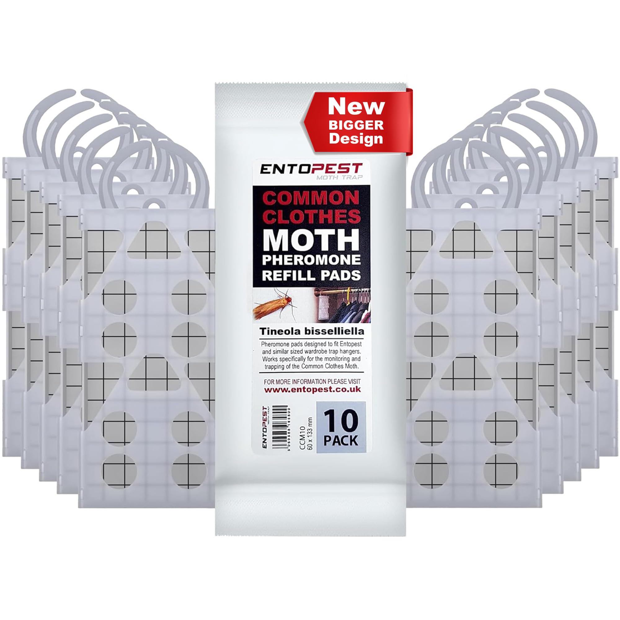 Entopest Moth Peds | 10 Refill Pads & 10 Reusable Hangers | Clothes Moth Detection | Sticky Monitoring Pads for Wardrobes | Pheromone-Based Monitoring Only