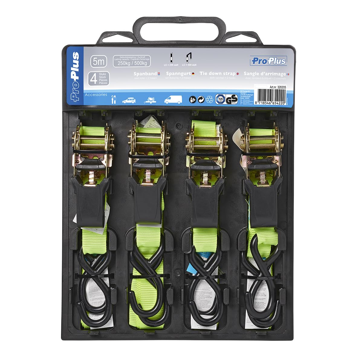 ProPlus 320205 Lashing Strap with Ratchet + 2 Hooks, 5 Metres, Set of 4, Yellow/Black, de 4