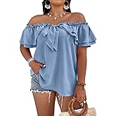 MakeMeChic Women's Plus Size Off Shoulder Top Tie Front Layered Ruffle Short Sleeve Blouse Top
