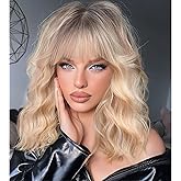 KOME Curly Bob Wig with Bangs Short Wavy Ombre Blonde Wigs for Women Lob Haircut Synthetic Heat Resistant Bob Wigs 14IN