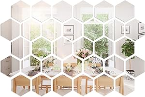 Shappy 32 Pcs Hexagon Mirror Wall Stickers Removable Silver Acrylic Mirror Stickers Honeycomb Wall Decals for DIY Home Art Bedroom Living Room Wall Decoration(10 x 8.6 x 5 cm)