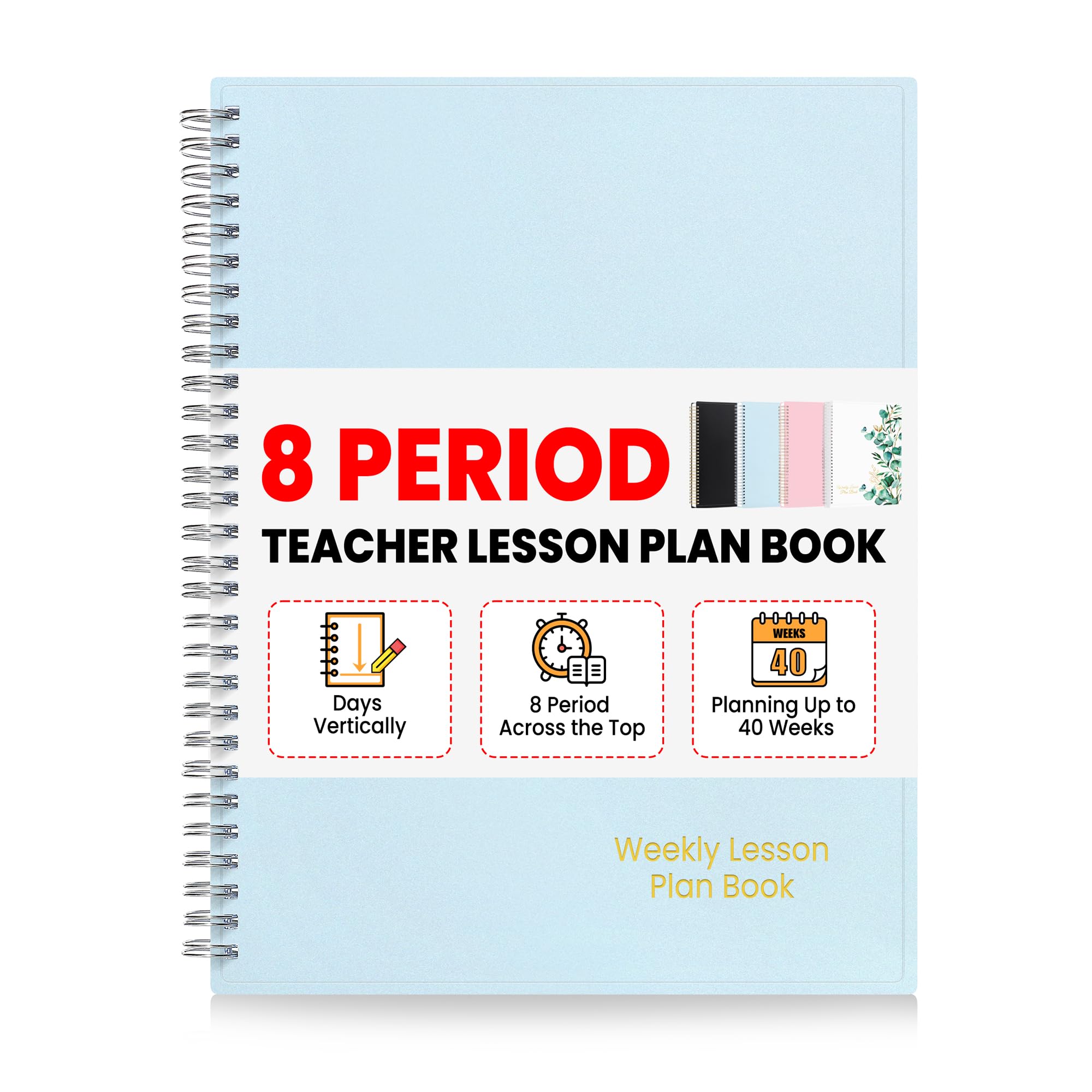 Photo 1 of SUNEE 8 Period Teacher Lesson Plan Book - Days Vertically, Undated Teacher Planner 2025-2026 Academic Year, 8.5 x 11 Inch, 104 Pages/52 Sheets (40 Weeks), Waterproof Plastic Cover, Back Pocket, Blue