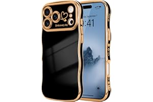 LCHULLE for iPhone 17 Pro Max Case for Women Girls, Cute Wave Frame Curly Shape with Love Heart Pattern Raised Camera Protection Cover Luxury Plating Shockproof Phone Case for iPhone 17 Pro Max, Black