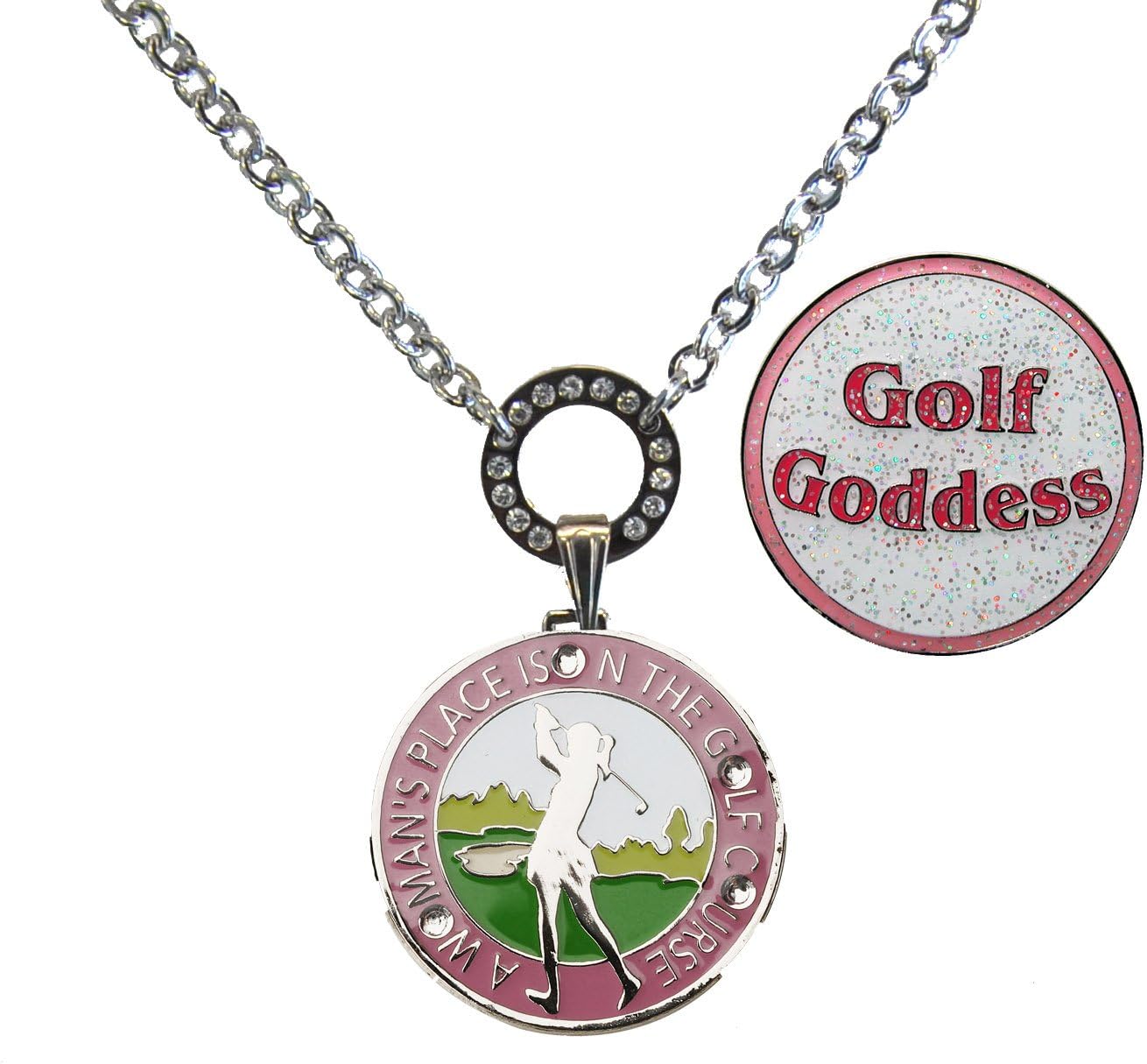 Navika Ball Marker Necklace with A Woman's Place Is on the