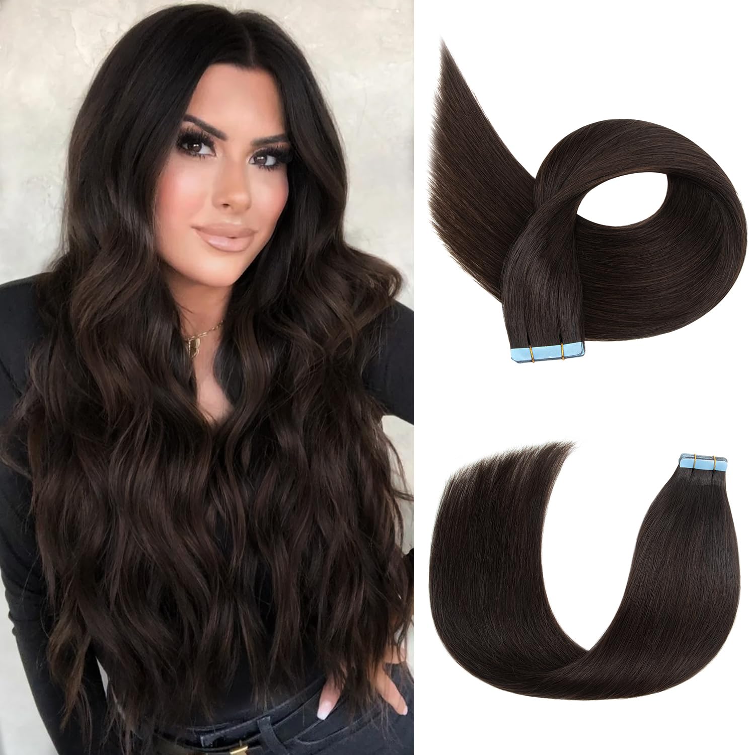 16Inch Tape In Extensions Human Hair for Women, Natural Black Tape In Human Hair Extensions Straight Invisible Remy Hair Extensions 20pcs 40g