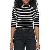 Zengjo Women‘s Striped Shirt Mock Neck Elbow Length Slim Fitted Short Sleeve Ribbed Turtleneck Tops