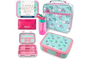 kinsho Bento Lunch Box. Insulated Bag, Water Bottle & Ice Pack Set for Kids, Toddlers, Girls. 5 Portion Sections, Removable Tray, Pre-School Toddler Daycare Lunches, Snack Container, Aqua Cat Mermaid