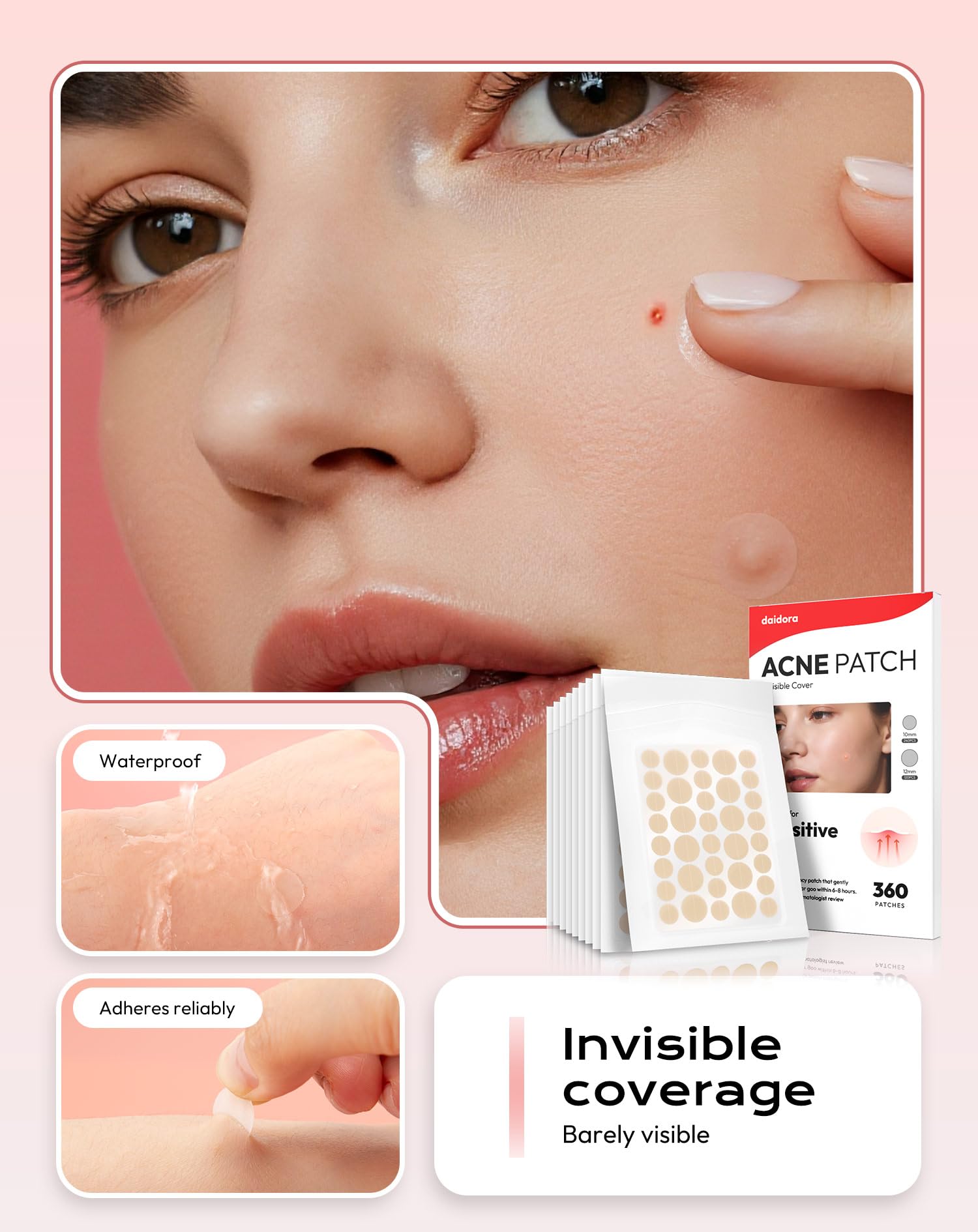 360 Pieces Invisible Pimple Patches, Hydrocolloid Spot Patches, Acne Treatment with 10mm & 12mm Dots for Spots, Waterproof & Breathable