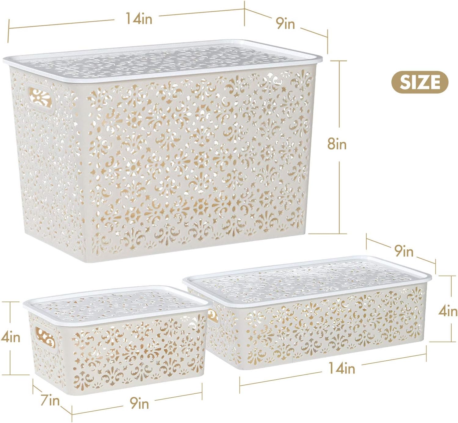 ANMINY Plastic Storage Baskets Set with Handles Removable Lids Stackable Lidded Bins Boxes Home Kitchen Cubes Closet Shelf Organizer Containers Weave Hollow Design 1 Large 1 Medium 2 Small - Beige: Home & Kitchen