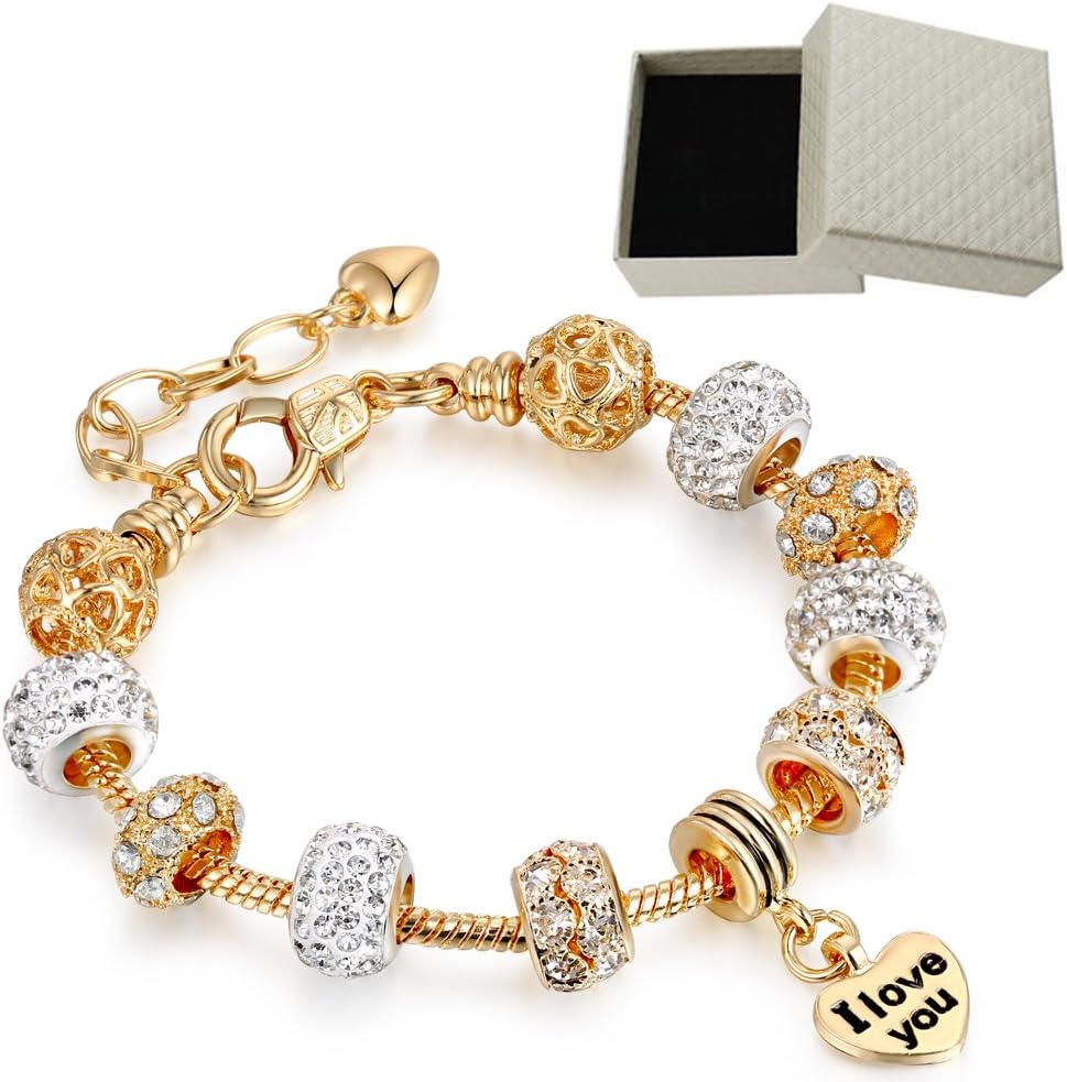 LSENG Bracelets Gold Plated Snake Chain Bracelets Glass Crystal Beads Charms Bracelets with Fine Gift Box