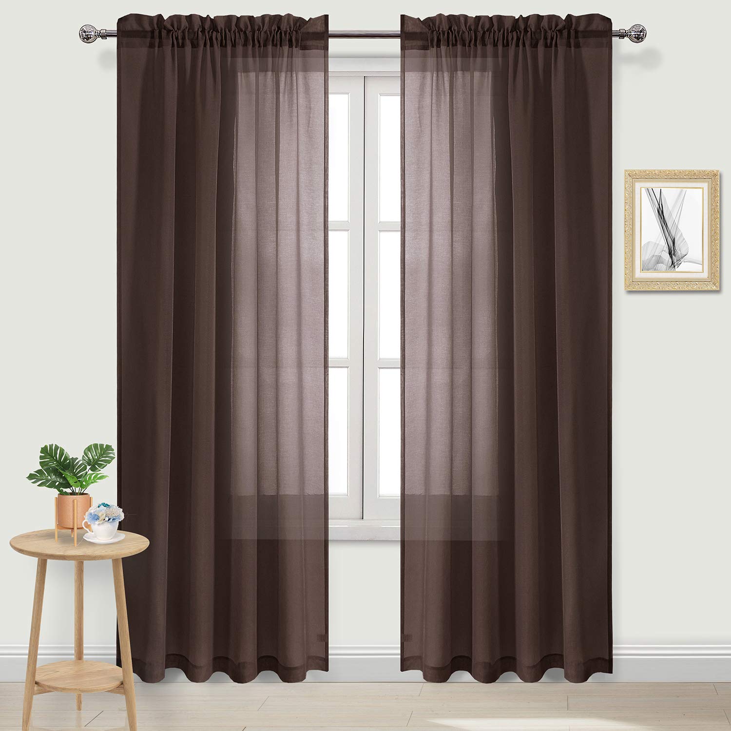 DWCN Brown Sheer Curtains Semi Transparent Voile Rod Pocket Curtains for Bedroom and Living Room, 52 x 84 inches Long, Set of 2 Panels