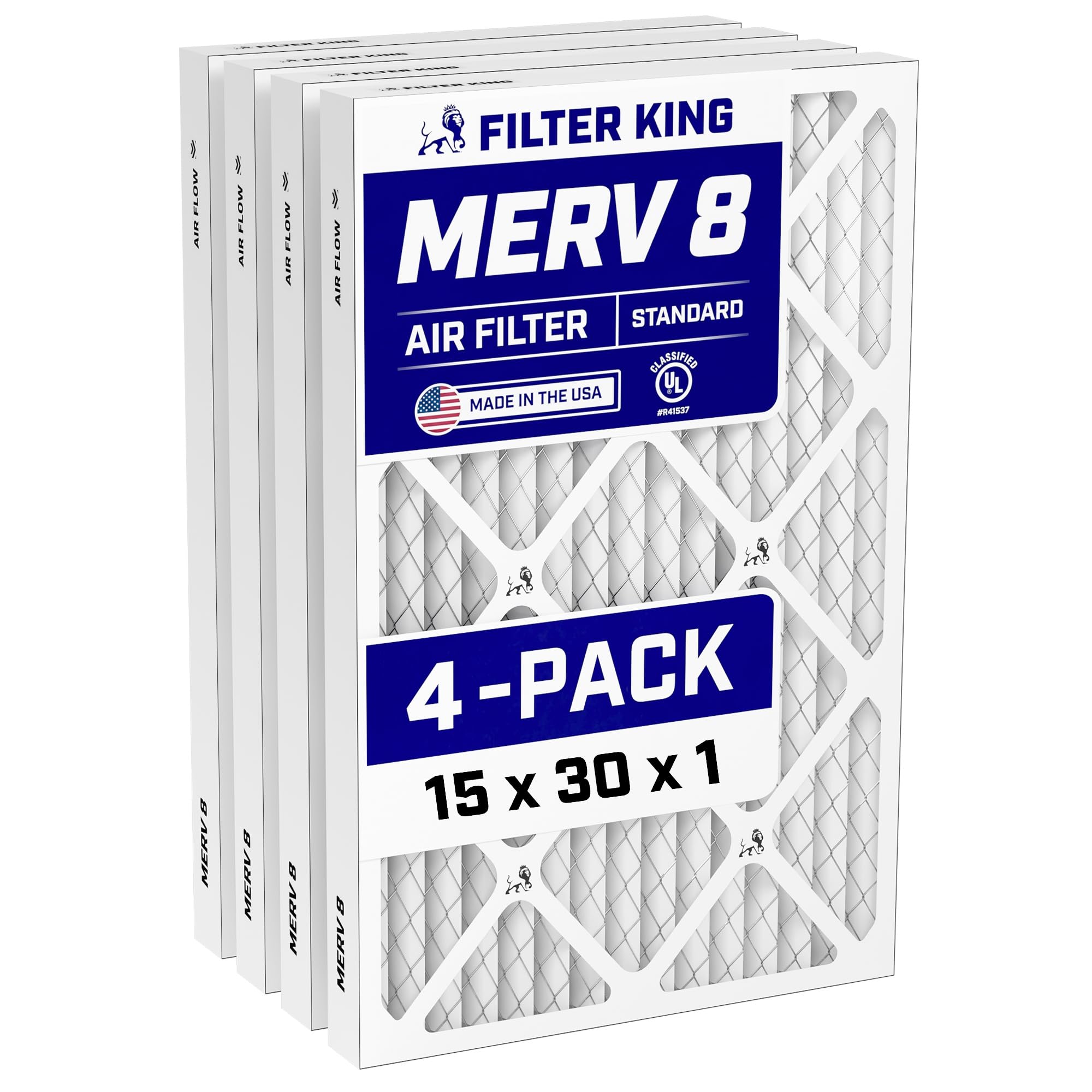 Filter King 15x30x1 Air Filter (MERV 8) (4-Pack) Dust & Allergy Control AC Furnace Filters, MADE IN USA, HVAC, Pleated, Electrostatic (Actual Size: 14.5 x 29.5 x .75) Image