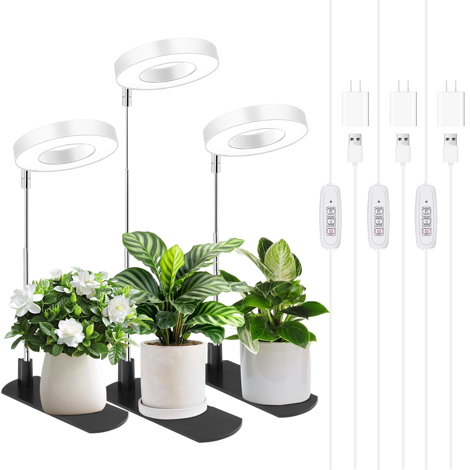 Photo 1 of LBW Grow Light for Indoor Plants, Height Adjustable Plant Grow Lamp with Auto On/Off Timer 4/8/12H, 4 Dimmable Brightness, for Small Plants, White, 3 Packs