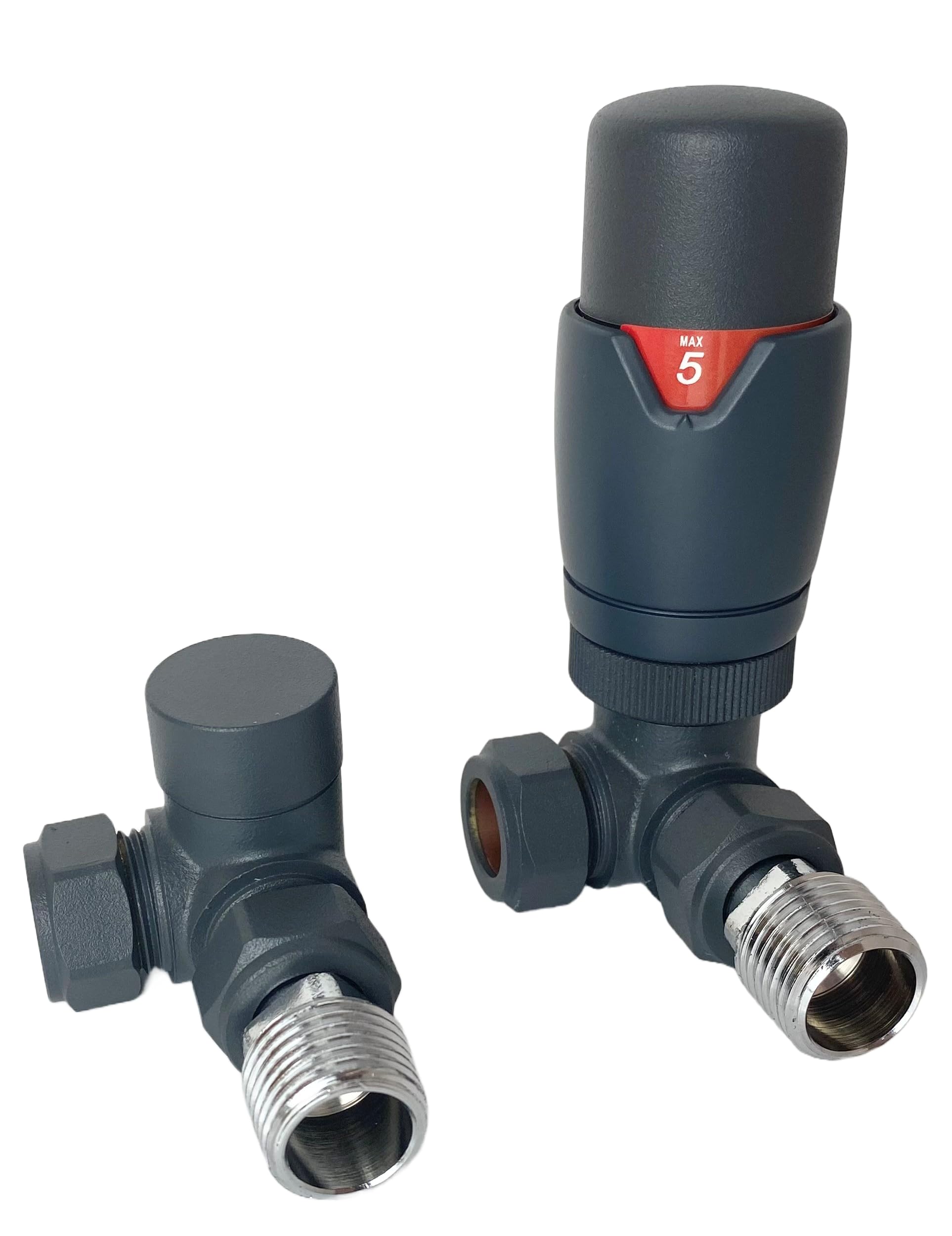 Greened House Kiev Anthracite Designer Corner Thermostatic Radiator & Towel Rail Valve TRV with Lockshield 15mm Pipework Standard Radiator