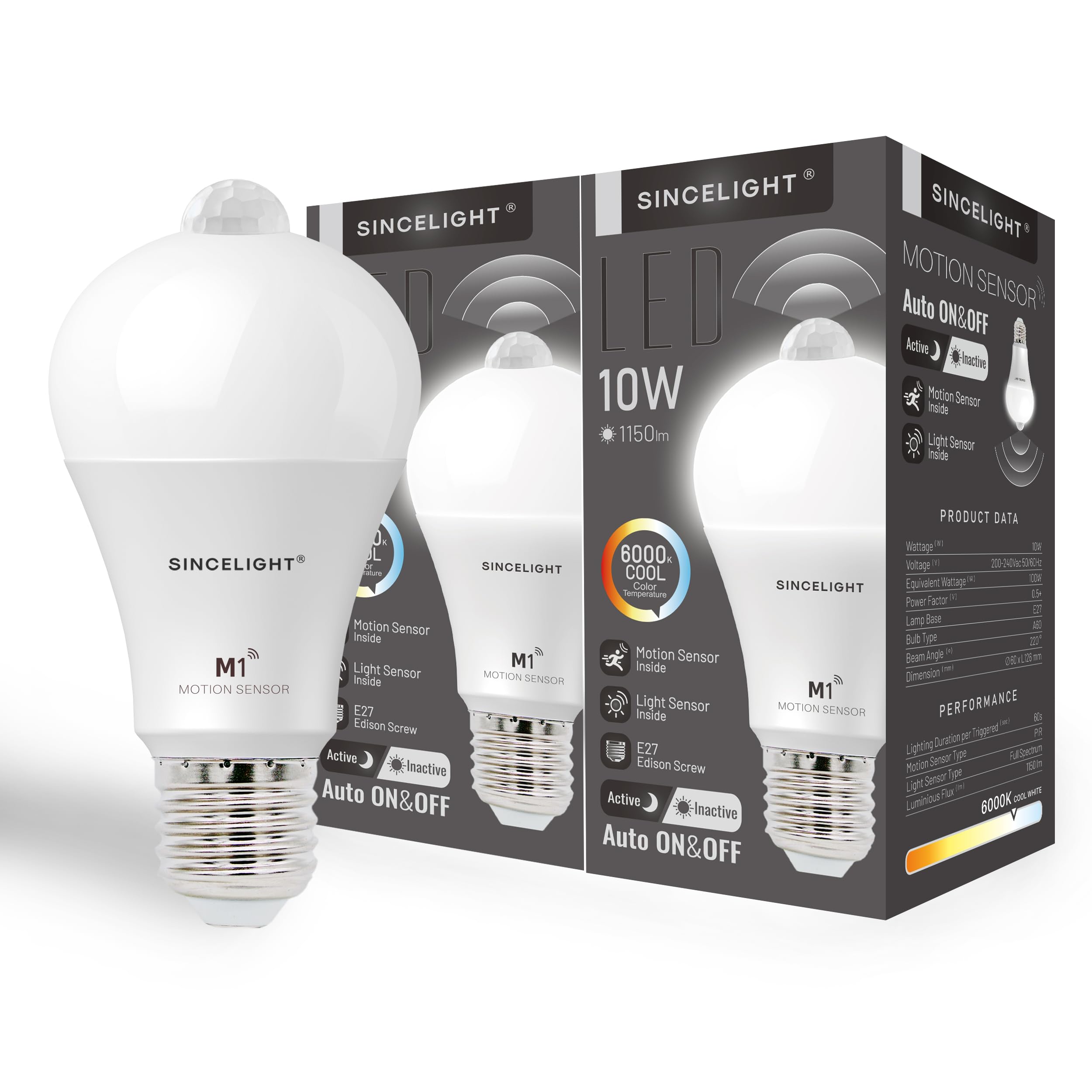 SINCELIGHT Motion Sensor LED Bulb with E27 Cap, Detects Human Movement, Automatic ON/Off in Darkness, 10W GLS Bulb with PIR Sensor, Security Light Bulb, 60 Seconds Delay, Pack of 2