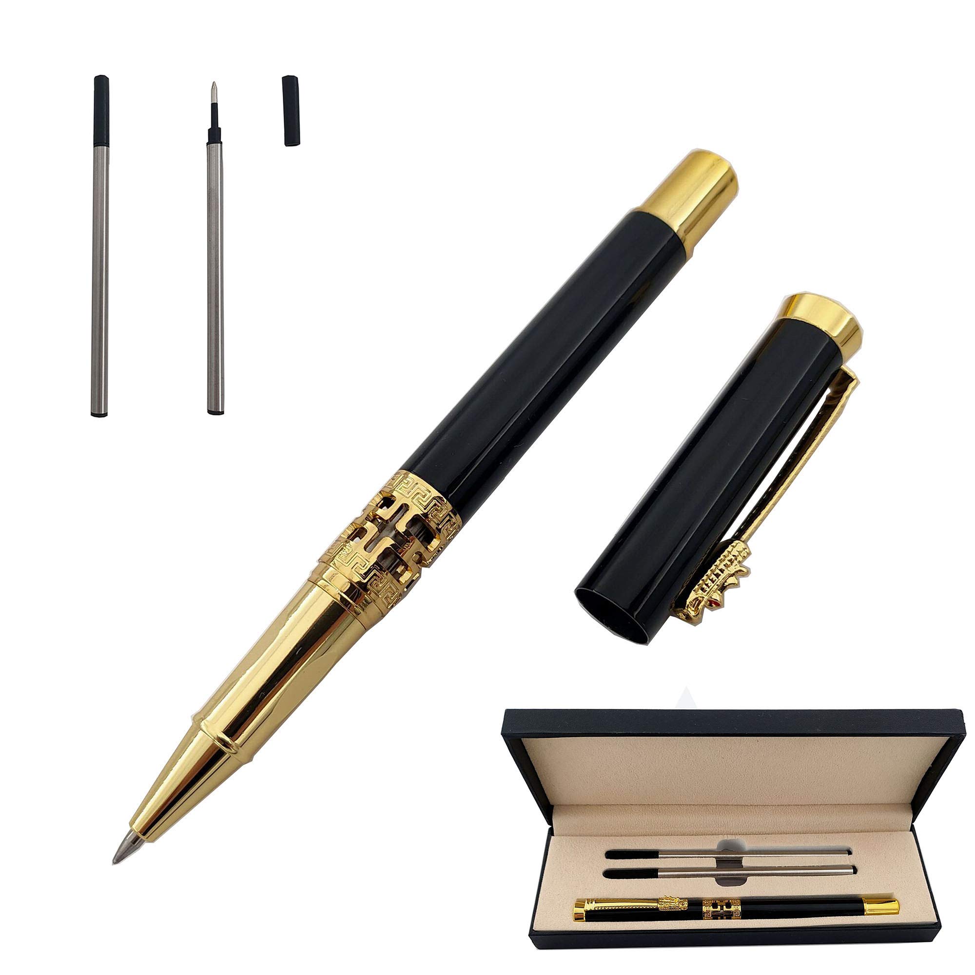 Accod Metal Rollerball Pen Retro Classic Signature Pen Business Gift Smooth Writing Rollerball Pen for Men and Women with Two 0.5MM Black Refills-Premium Gift Box (Black)
