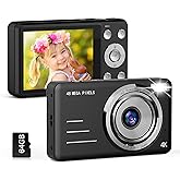 Digital Camera FHD 1080P Kids Camera, 48MP Point and Shoot with a 64GB Card, 16X Zoom, Anti Shake, Compact Small Camera for Kids Gifts for Teens Girls Boys Black