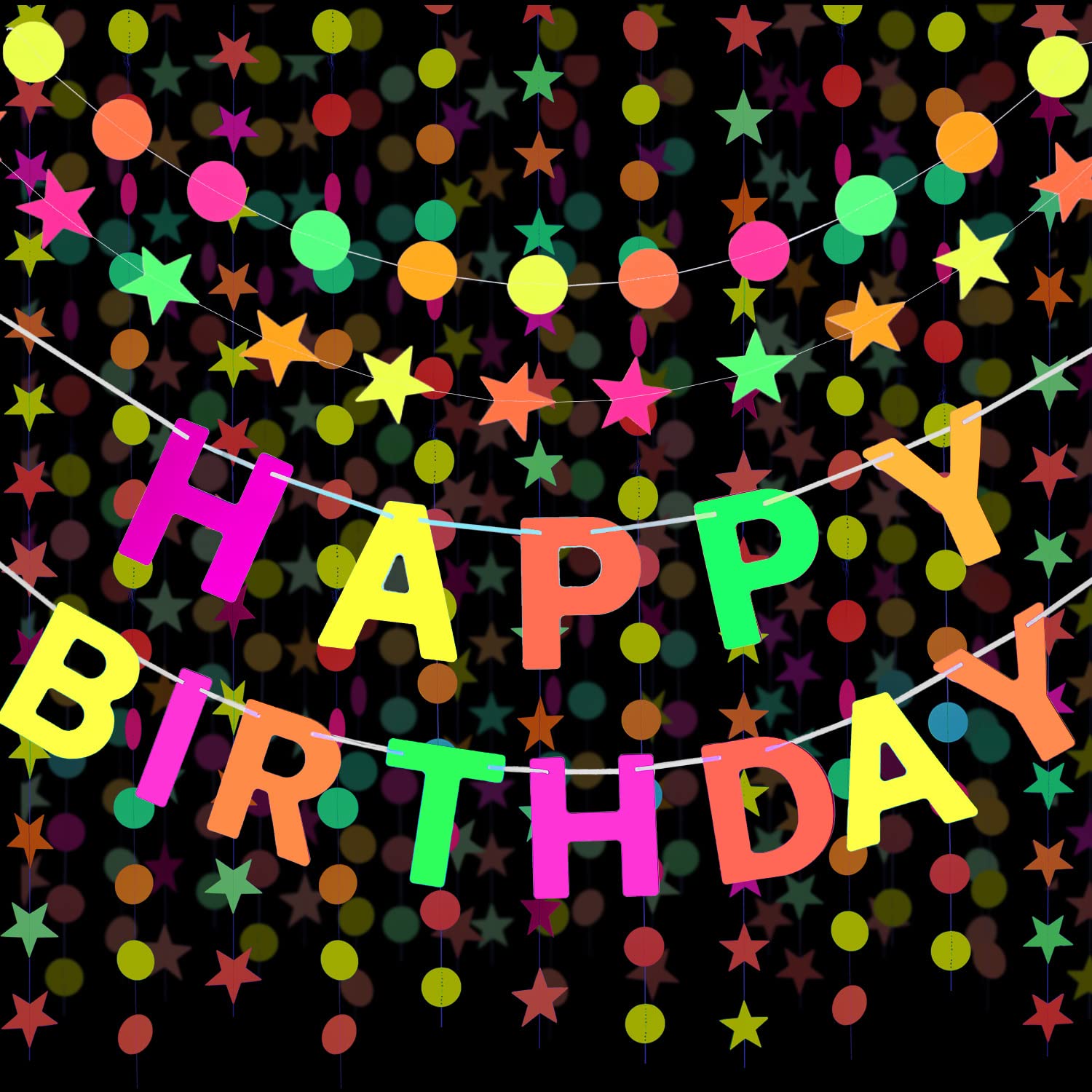 Willbond 3 Pieces Neon Happy Birthday Banner Black Light Circle Dots Banner Colorful Star Garland Reactive UV Neon Paper Hanging Decorations for Birthday Party Glow Party Wedding Supply