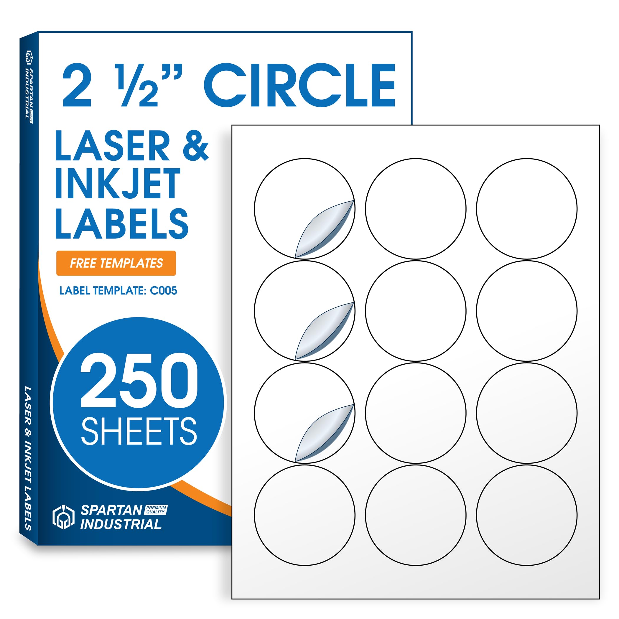 Photo 1 of 2.5" Printable Round Labels for Laser and Inkjet Printers - 3000 Blank Labels, 250 Sheets for Business Logos, Thank You Stickers, Price Tags, QR Codes - Spartan Industrial Template C005