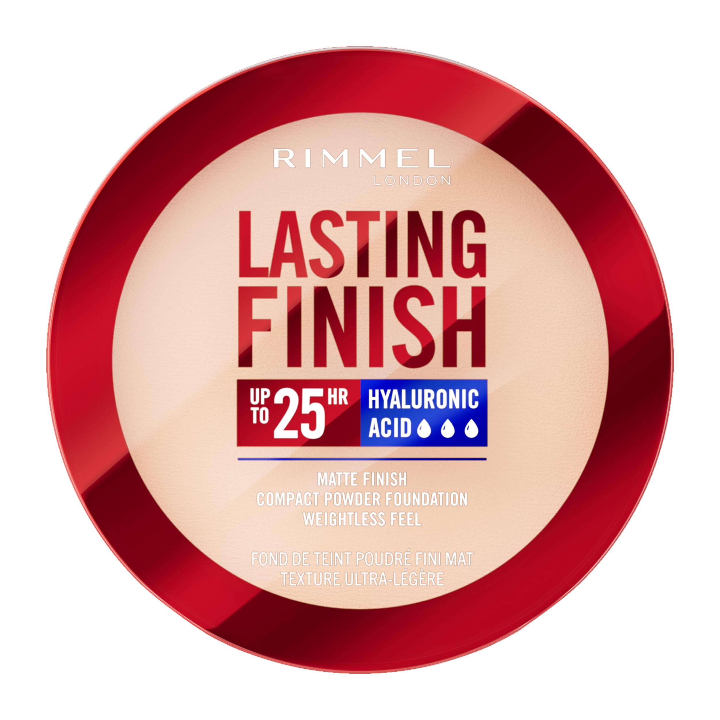Rimmel Lasting Finish 25 HR Compact Foundation 001 Fair Porcelain, Matte Buildable Coverage, Powder-to-Cream, Anti-Pollution Shields, SPF 20, Hyaluronic Acid, Waterproof, Hides Imperfections