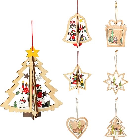 Download Amazon Com Komiwoo 7pcs Wooden Christmas Tree Hanging Ornaments Decorations Unfinished Wooden Tree Hanging Tags 3d Christmas Crafts Pendant Ornaments For Holiday Party Decor Kitchen Dining 3D SVG Files Ideas | SVG, Paper Crafts, SVG File