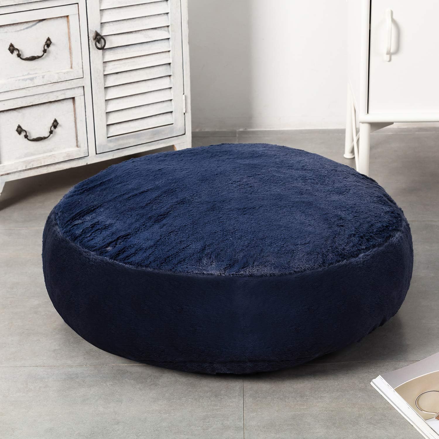 HIGOGOGO Thick Round Floor Pillow, Long Faux Fur Floor Cushion with Removable Cover Thickness: 8" Soft Fluffy Meditation Cushion Thick Round Pouf Seating for Living Room Bedroom Sofa, Navy, 24"x24": Kitchen & Dining