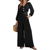 LOOKBOHO Womens Jumpsuits Long Sleeve V Neck Dressy Casual 2026 High Waist Romper Wide Leg Pants One Piece Outfits