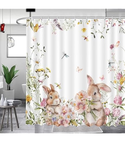 Jolunifun Cortinas De Cocina Con Festón Floral De Pascua, Cenefa Con Bolsillo Para Barra, Paneles De Cortina Para Dormitorio, Sala De Estar, Baño, Cafetería, Ventanas, Conejo, Cerezo, Flor De