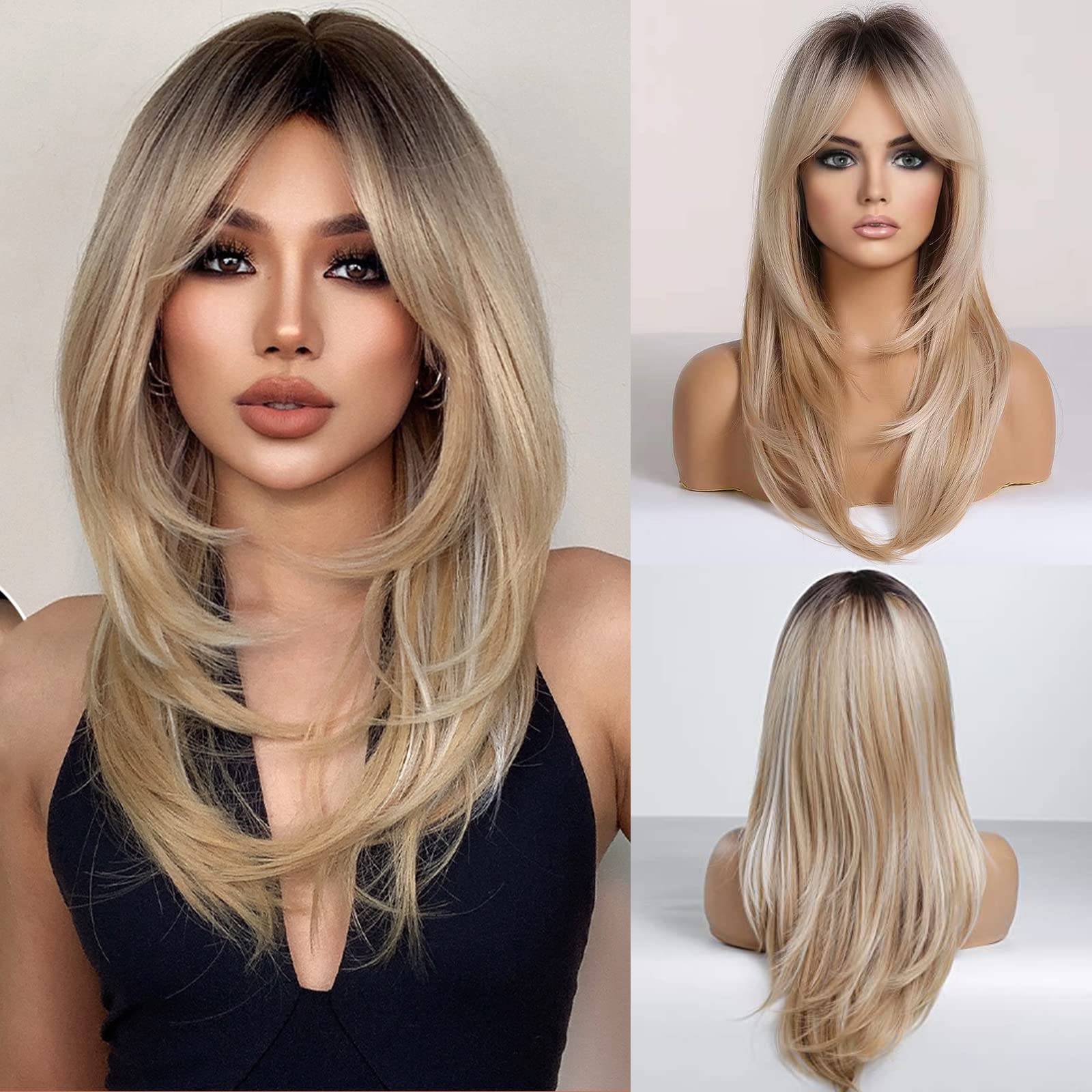 HAIRUCBE Ombre Blonde Wigs for Women Long Curly Heat Resistant Synthetic Wigs with Bangs