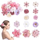 12 Pcs Flower Hair Clip for Women Girls Rose Flower Hair Clips Silk Claw Clip Bridal Wedding Headdress and Corsage Boho Clips Accessories for Beach Party Wedding(Pink, Purple, White)