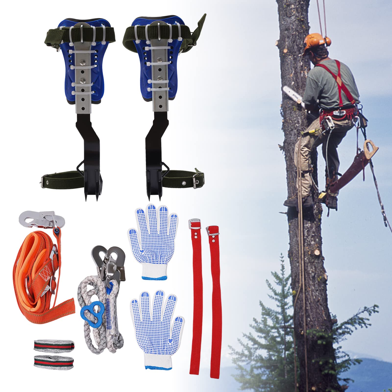 Photo 1 of NeNchengLi Tree Climbing Spikes for Tree Work Adjustable Tree Climbing Gear Set, Arborist Tree Climbing Equipment with Belt for Climbing Tree Picking Fruit Outdoor Jungle Survival Sport (Dark blue)