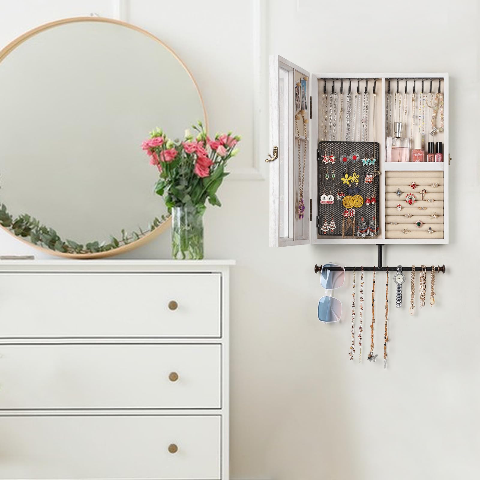 Keebofly Keebofly Wall Mounted Jewelry Organizer With Rustic Wood Large Space Jewelry Cabinet, Holder, Storage Box for Necklaces, Earrings, Bracelets, Ring Holder, and Accessories White
