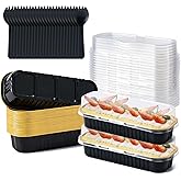 Husfunov 25 Pack Mini Cake Pans with Lids and Spoons, Small Aluminum Foil Loaf Pans, Rectangular Baking Containers for Party and Picnics, 6.8oz (Black/Gold)