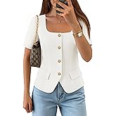 ZESICA Women's Trendy Vests Top 2026 Spring Summer Square Neck Short Sleeve Blazer Button Down Crop Casual Work Blouse