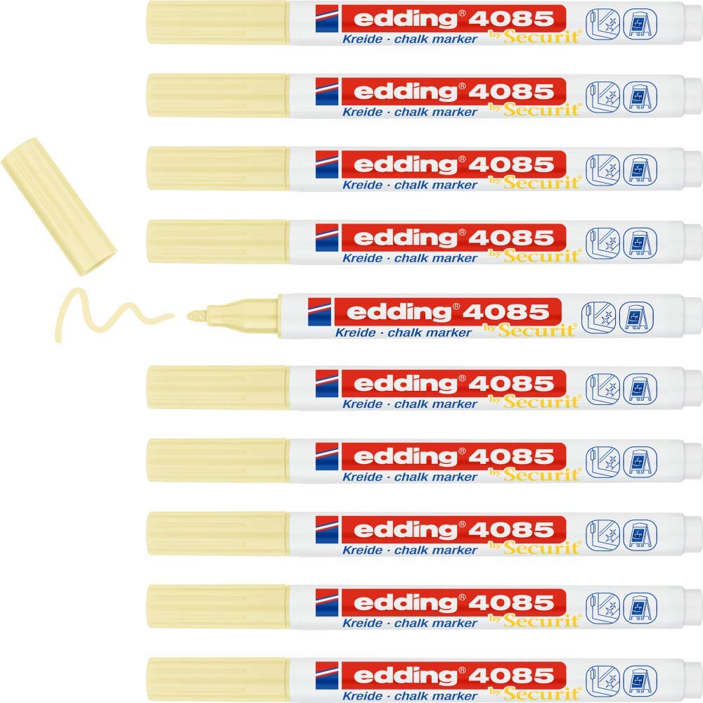 edding 4085 chalk marker - pastel-yellow - 10 chalk pens - round tip 1-2 mm - fine-tipped wet wipe pen for chalkboards, windows,glass,mirrors - liquid chalk marker pens for opaque coverage