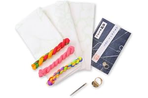 PRODUCT OF GIFU JAPAN Hida Sashiko Kit, Japanese Traditional Design Sewing Set, Thread, Needle, Thimble, and 3 White Cottoncloth with Grid Line Print (Kit B)