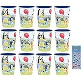 Unique Bluey Birthday Party Supplies Bundle Pack includes 12 Reusable Plastic Cups and 1 Dinosaur Sticker Sheet