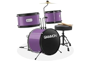 GAMMON PERCUSSION Gammon 3-Piece Junior Drum Set with Throne - Purple, Complete Beginner Kit with Bass Drum, Toms, Cymbal, Pedal, and Drumsticks