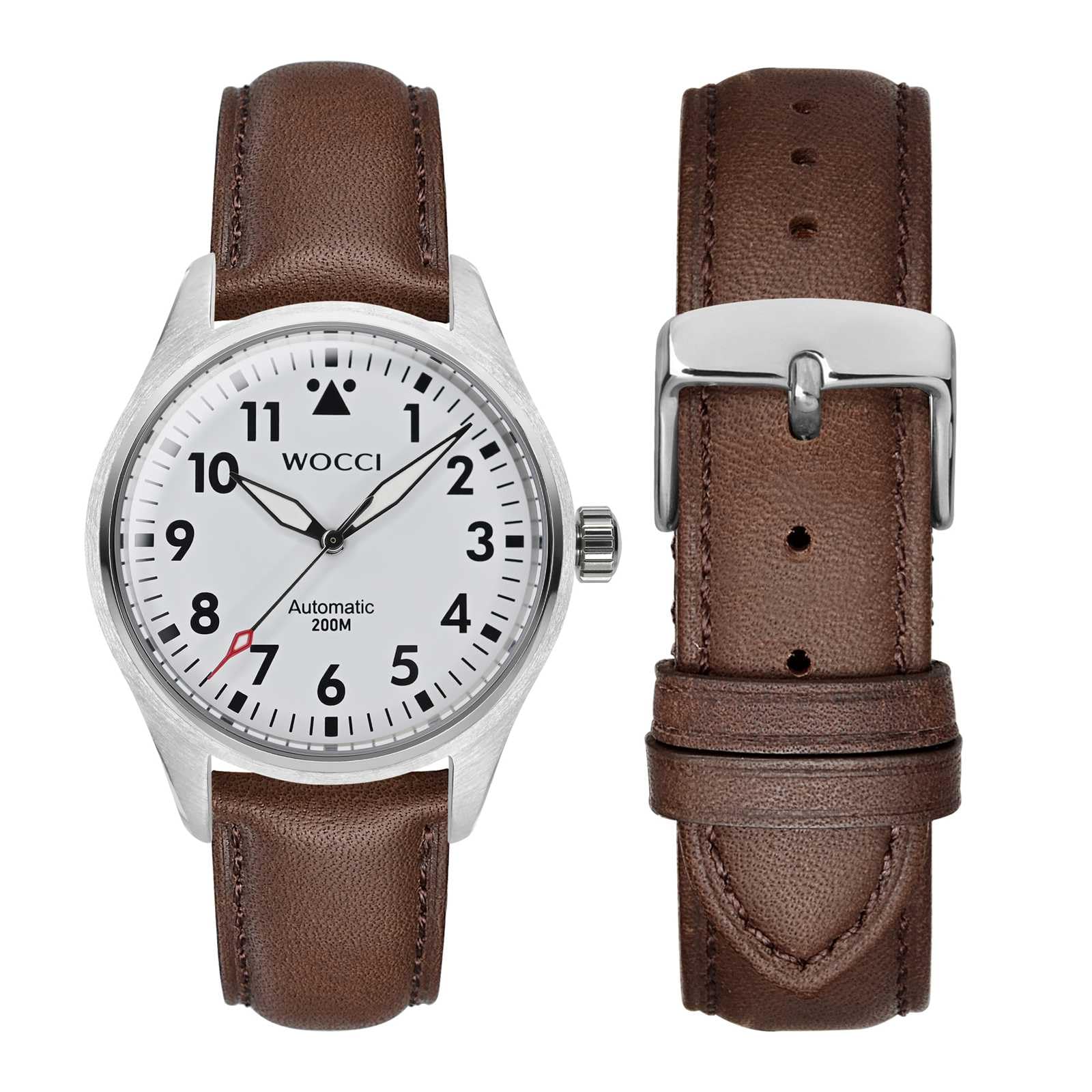 WOCCI 20mm Vintage Leather Watch Band for Men and Women, Silver Buckle (Dark Brown)