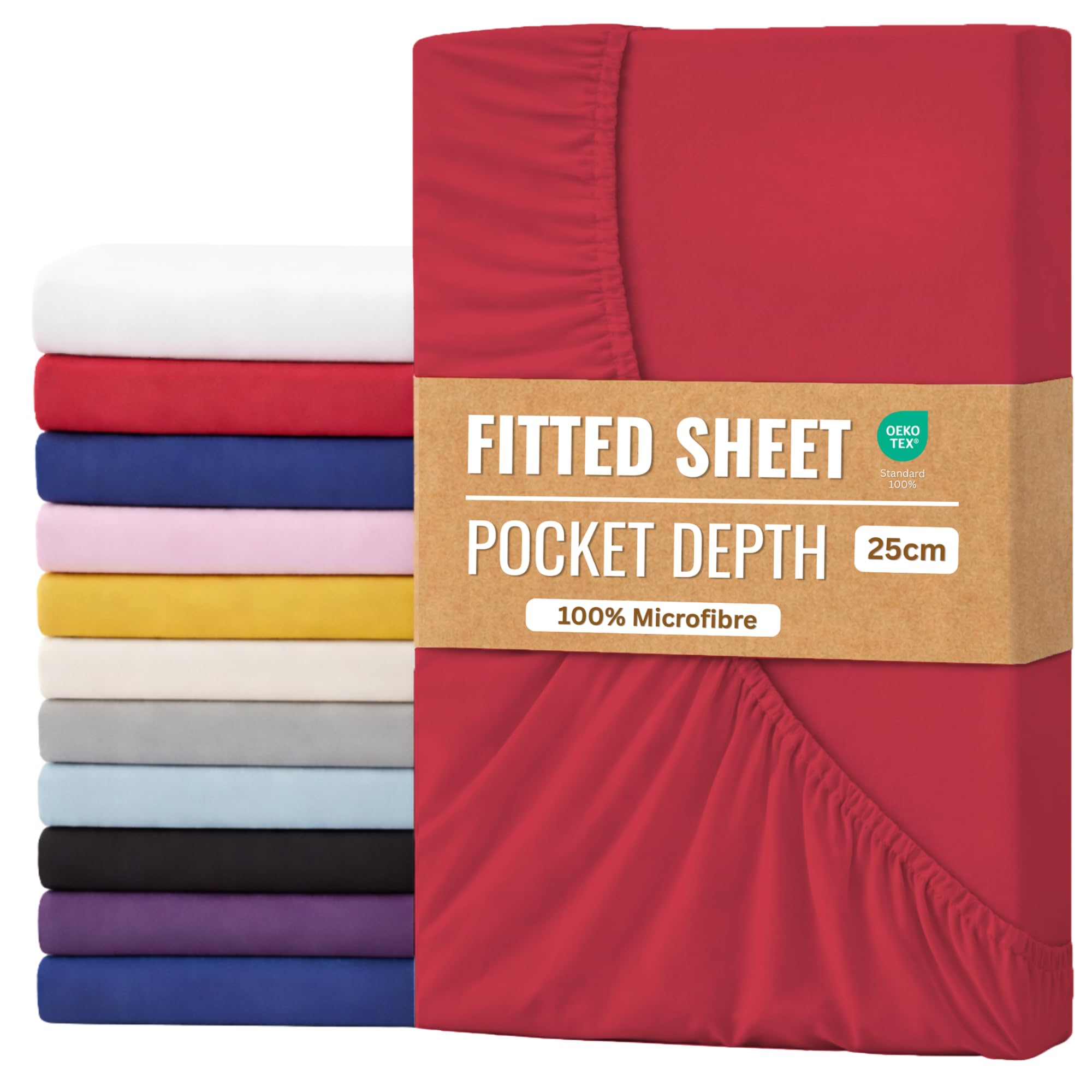 Fitted Sheet 25cm with Extra Deep Pockets - OEKO-TEX Certified Bed Sheet King Size 152X200CM | Hotel Quality & Wrinkle Resistant | Brushed Microfibre Fitted Sheets (Red, King 25CM)