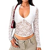 Long Sleeve Lace Crop Tops for Women Mesh V-Neck Going Out Top Sheer Sexy Crop Y2k See Through Shirt for Party Club