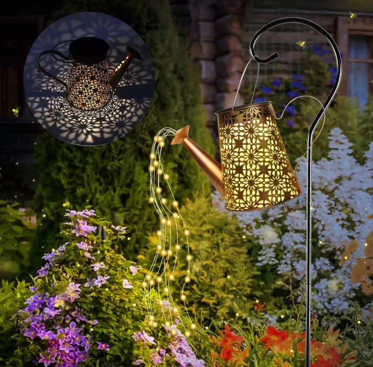 Vencier Solar Watering Can Light with LED String Lights, Waterproof Dual Mode Garden Pathway Lantern for Patio, Yard, and Plant Decoration (Warm White)