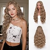 Aida ble Long Wavy Brown Mix Blonde Wig for Women 28 Inch Middle Part Wavy Curly Dark Blonde Wig Natural Looking Heat Resistant Fiber Synthetic Wig for Daily Party Halloween Cosplay Use