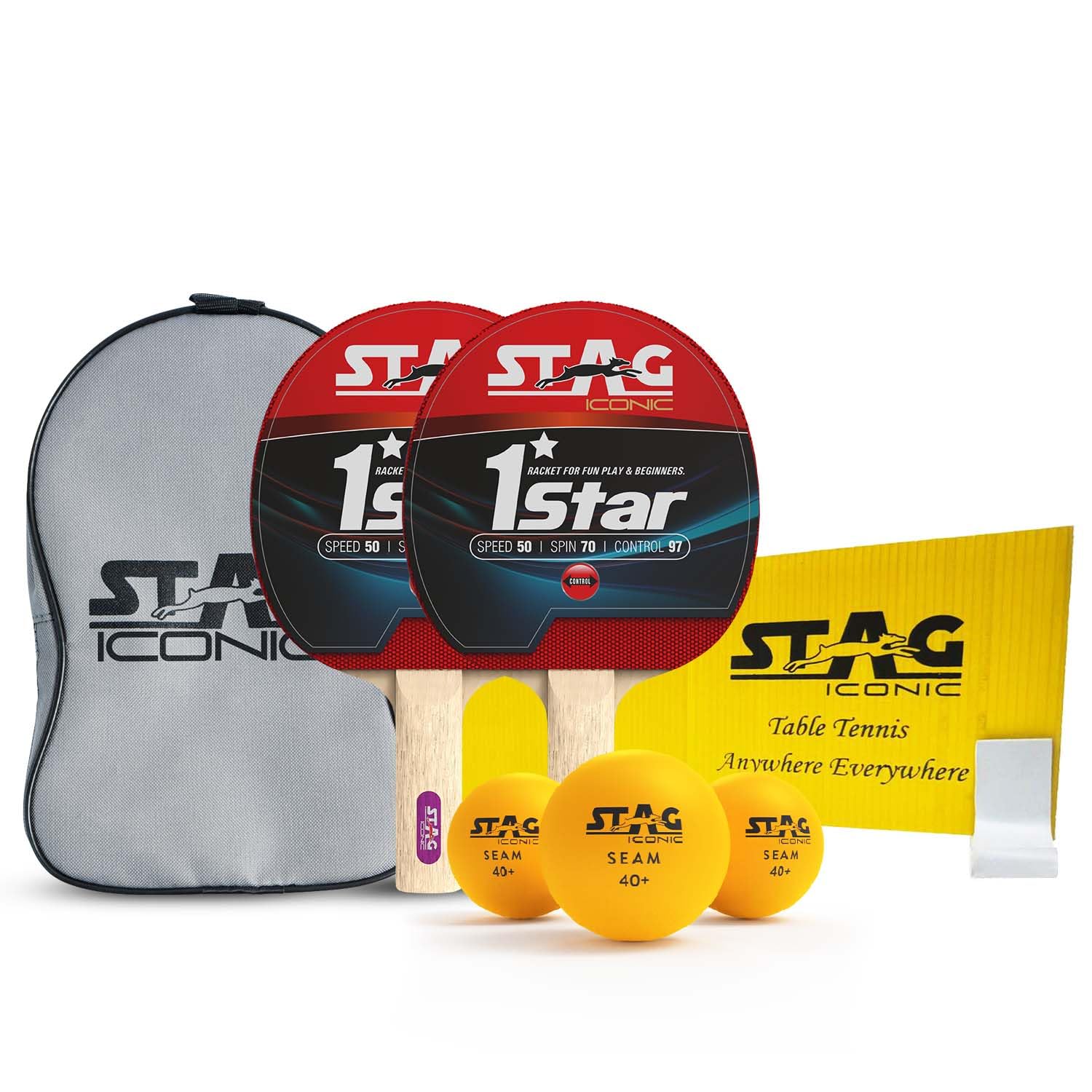 STAG Anywhere Everywhere Wood Table Tennis Playset, 2 Racquets & 3 Balls (White), Model: 328 WH