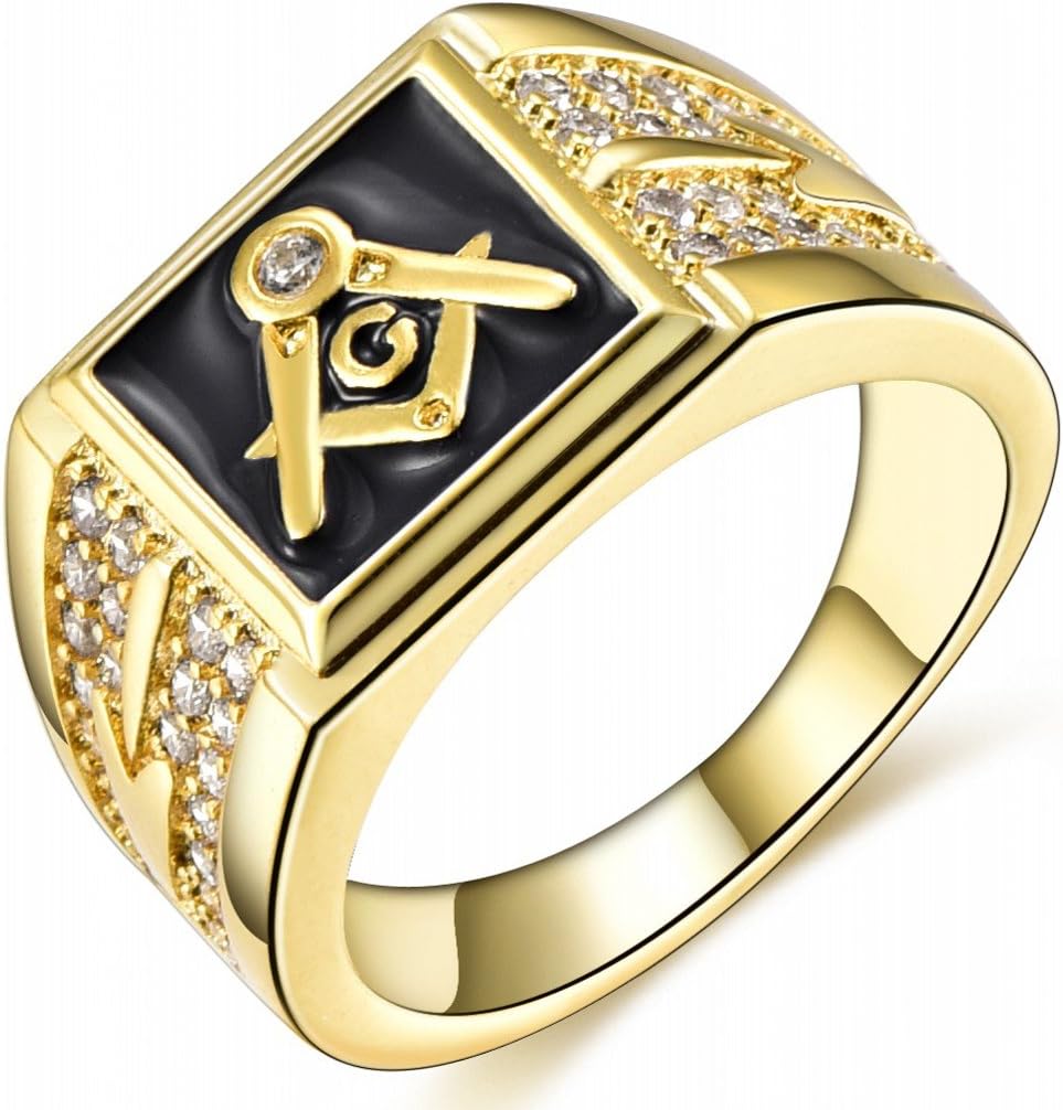 18K Gold I.P. Men's Masonic Black Lodge Crystal Freemason Rings Sz 8-15