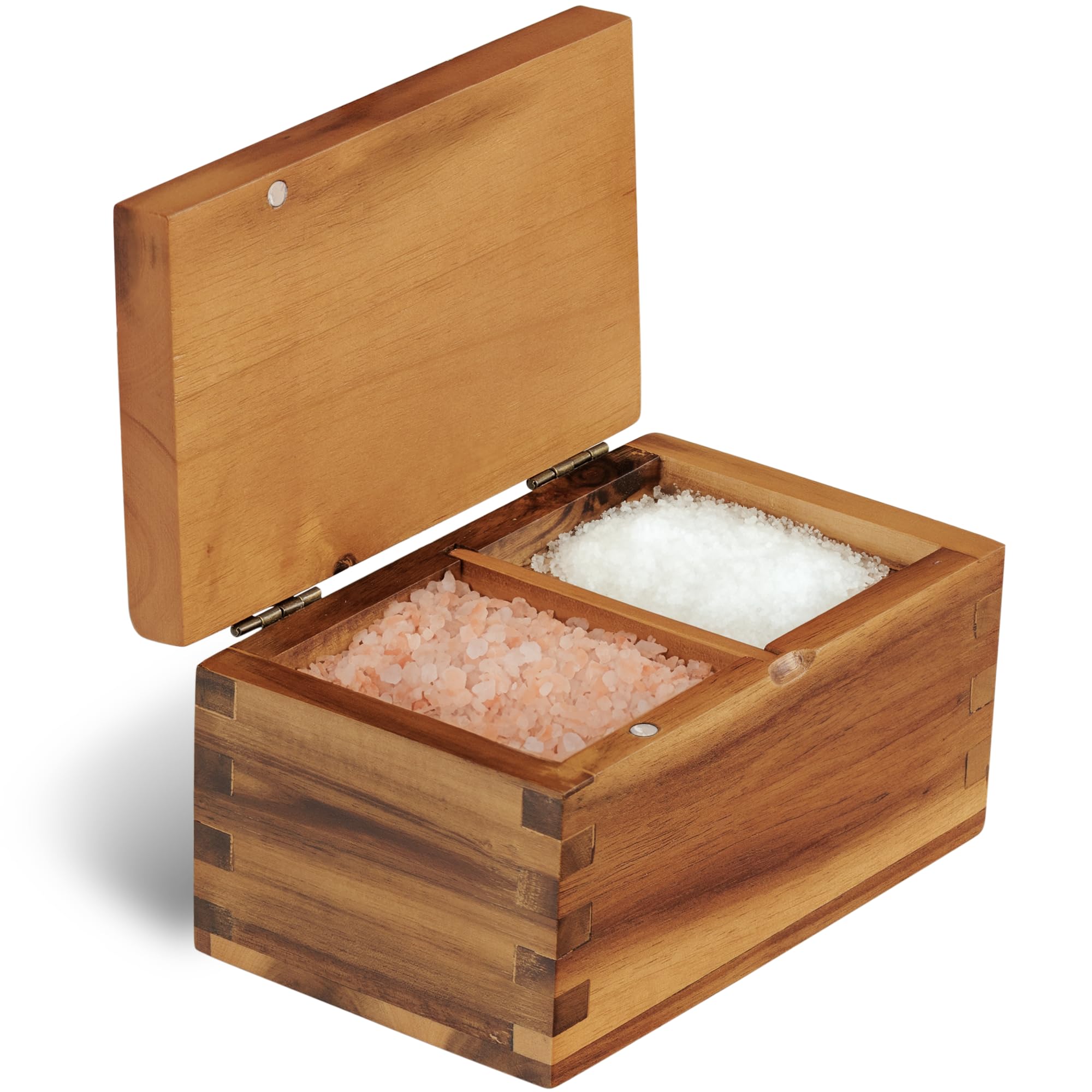 Photo 1 of Demigo Acacia Wood Salt Cellar with Magnetic Flip Lid - 20 oz Large Capacity Salt Box for Kitchen - Keeps Spices, Herbs & Seasonings Fresh (Natural Brown)